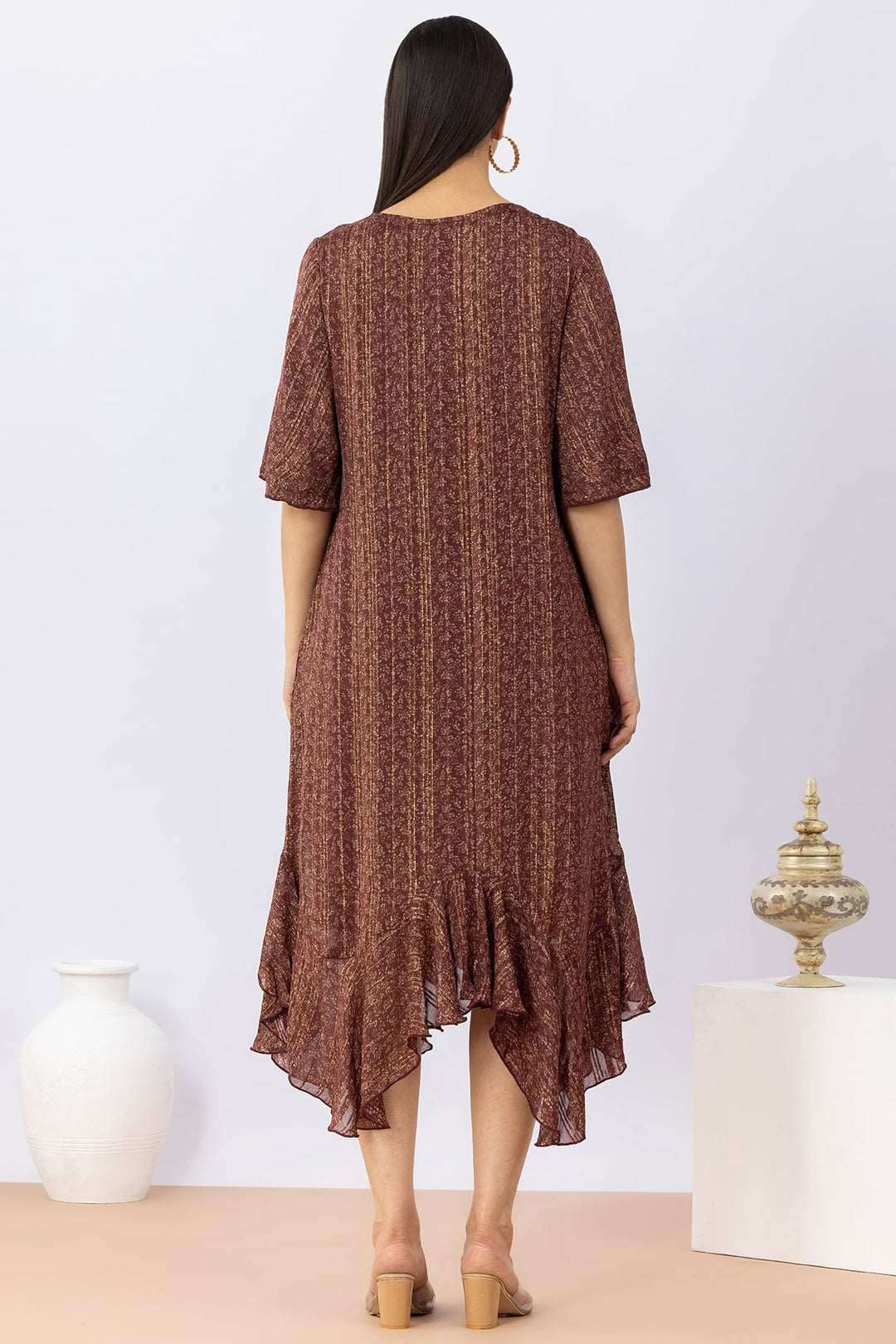 Brown Viscose Bamboo Lurex Dress with Round Neck &amp; 3/4 Sleeves