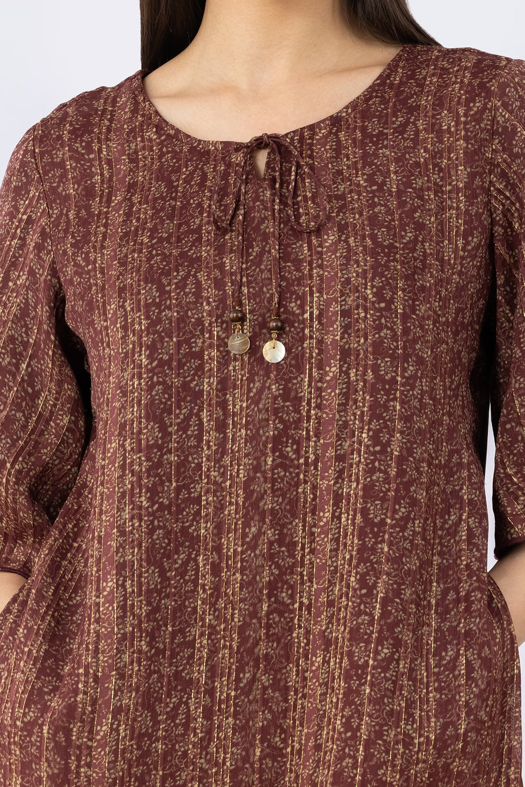 Brown Viscose Bamboo Lurex Dress with Round Neck &amp; 3/4 Sleeves