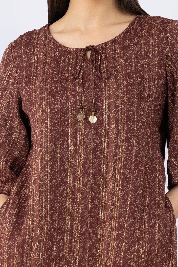 Brown Viscose Bamboo Lurex Dress with Round Neck &amp; 3/4 Sleeves
