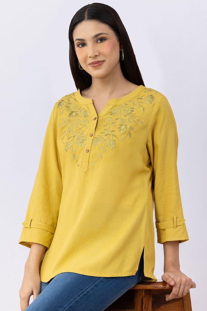 Lemon Yellow Embroidered Viscose Linen Round Neck Top