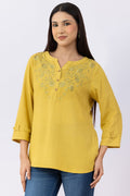 Lemon Yellow Embroidered Viscose Linen Round Neck Top