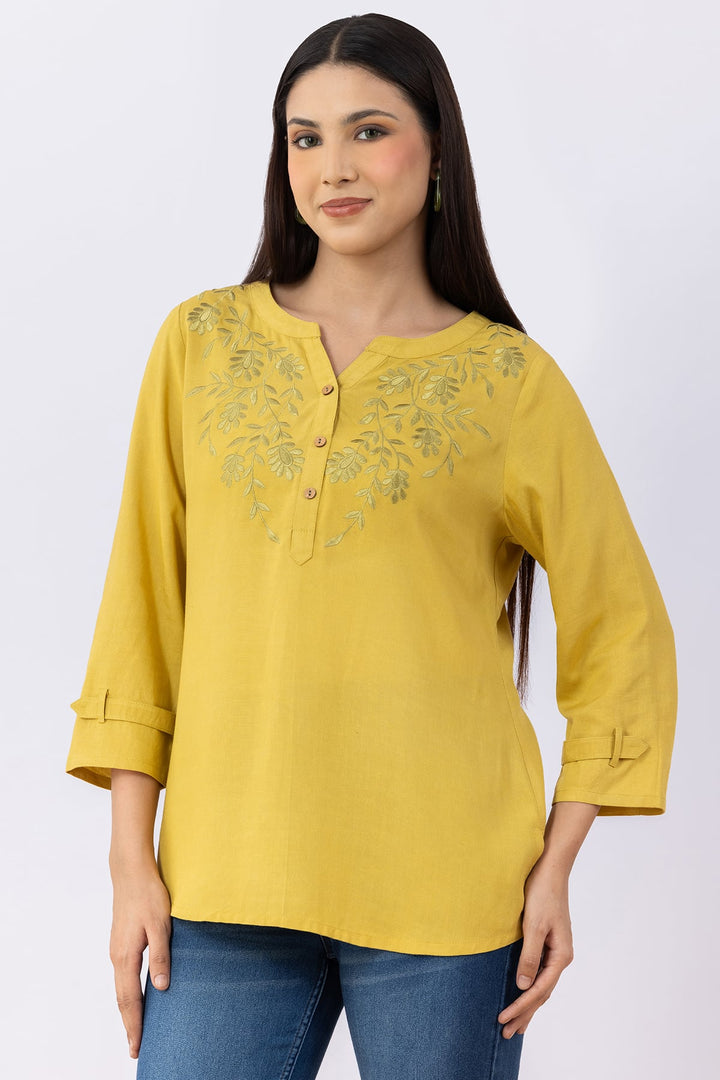 Lemon Yellow Embroidered Viscose Linen Round Neck Top