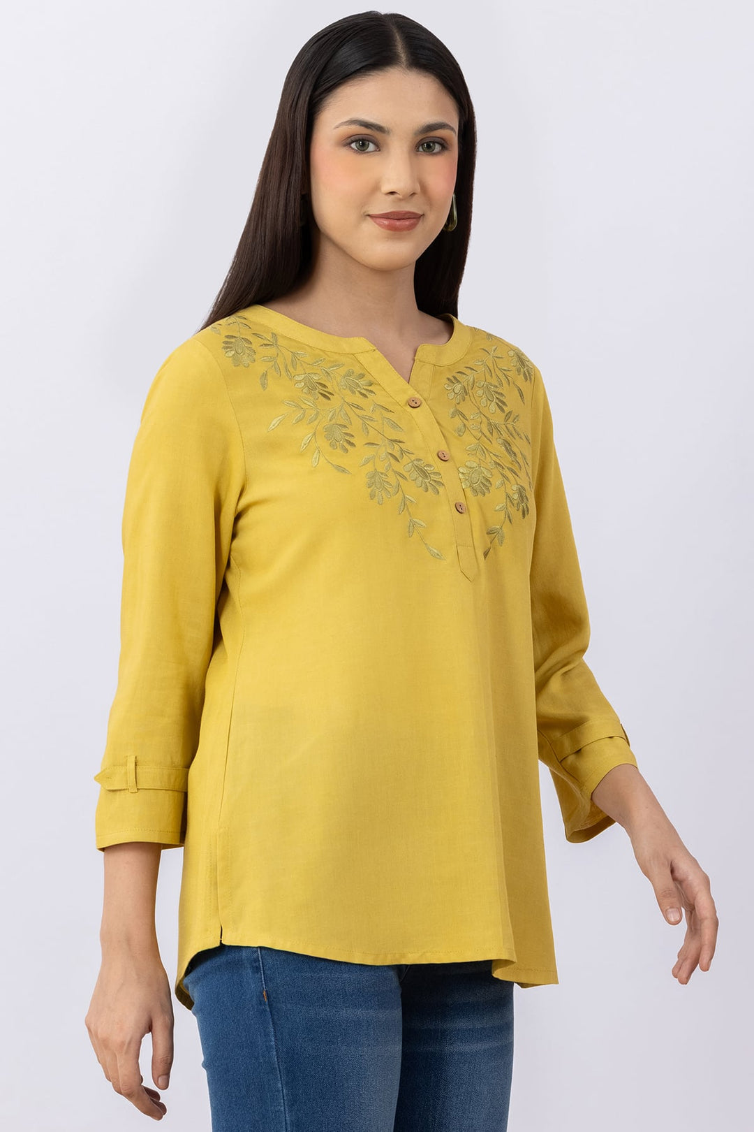 Lemon Yellow Embroidered Viscose Linen Round Neck Top
