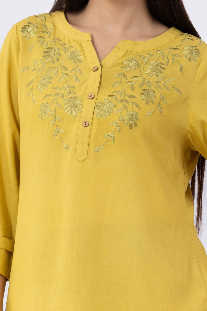 Lemon Yellow Embroidered Viscose Linen Round Neck Top