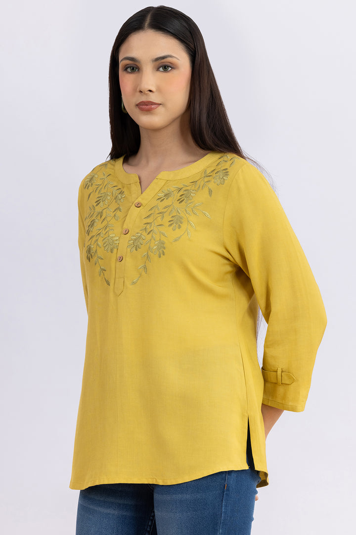 Lemon Yellow Embroidered Viscose Linen Round Neck Top