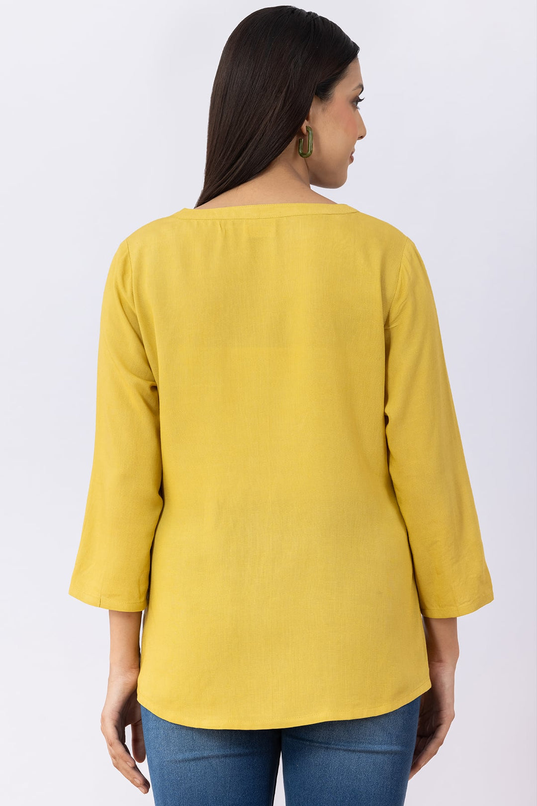 Lemon Yellow Embroidered Viscose Linen Round Neck Top