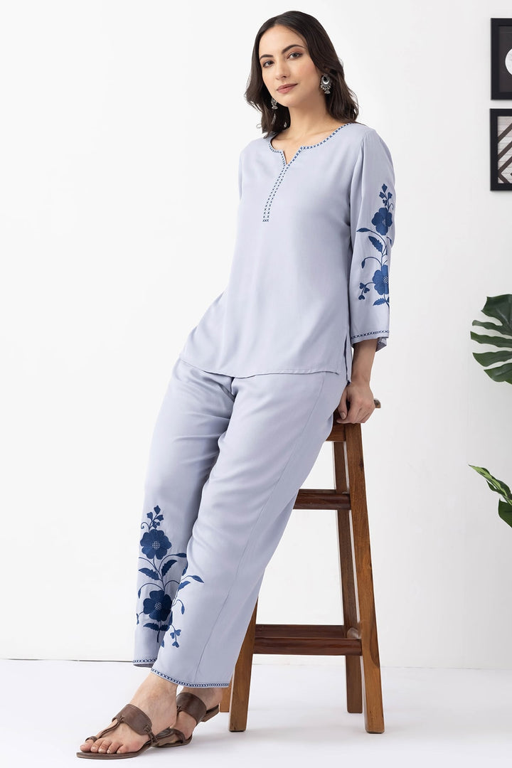 embroidered co ord set sky blue Tencel twill round neck 3/4 sleeves