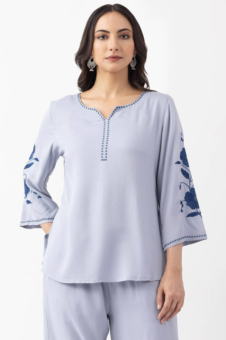 embroidered co ord set sky blue Tencel twill round neck 3/4 sleeves