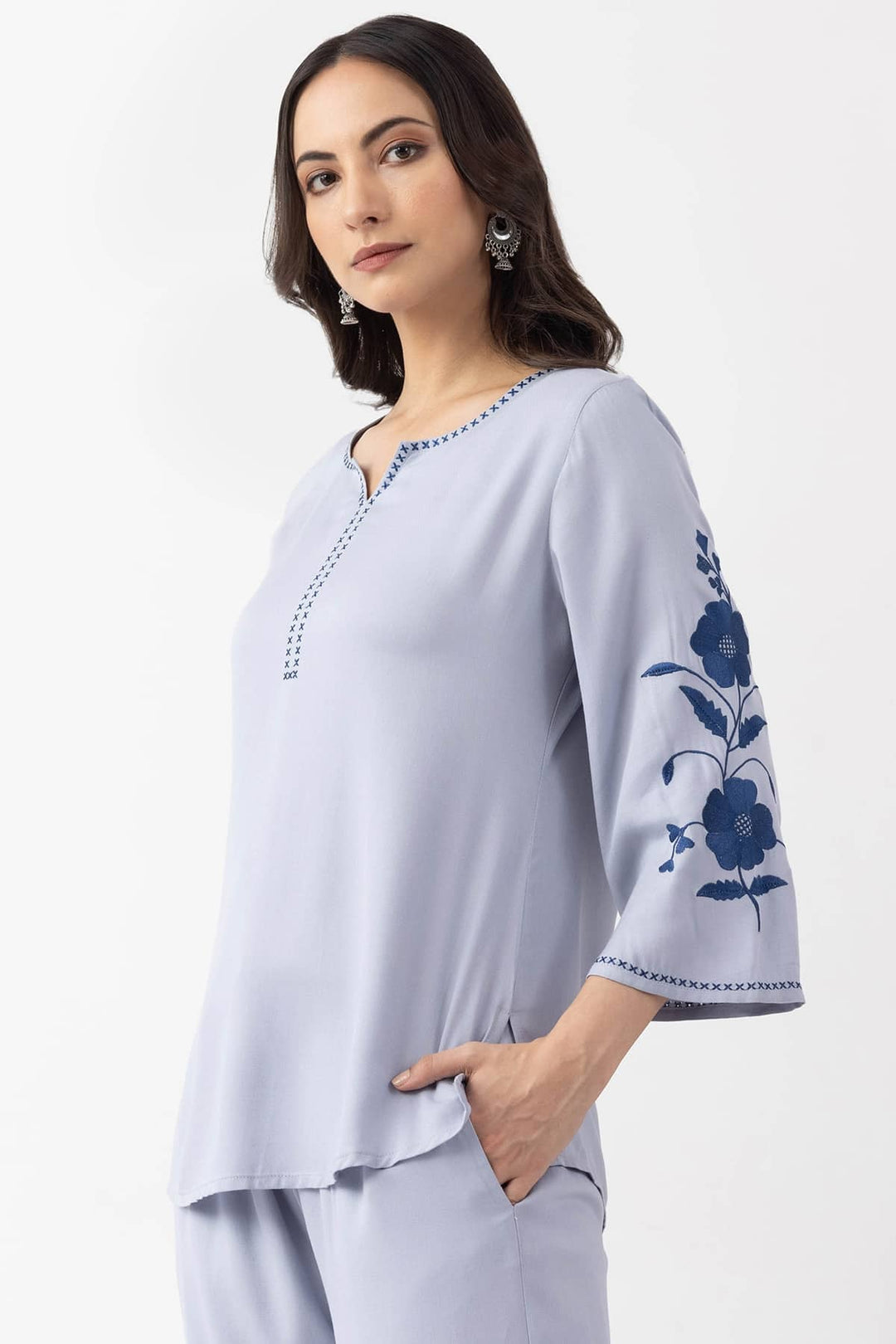 embroidered co ord set sky blue Tencel twill round neck 3/4 sleeves