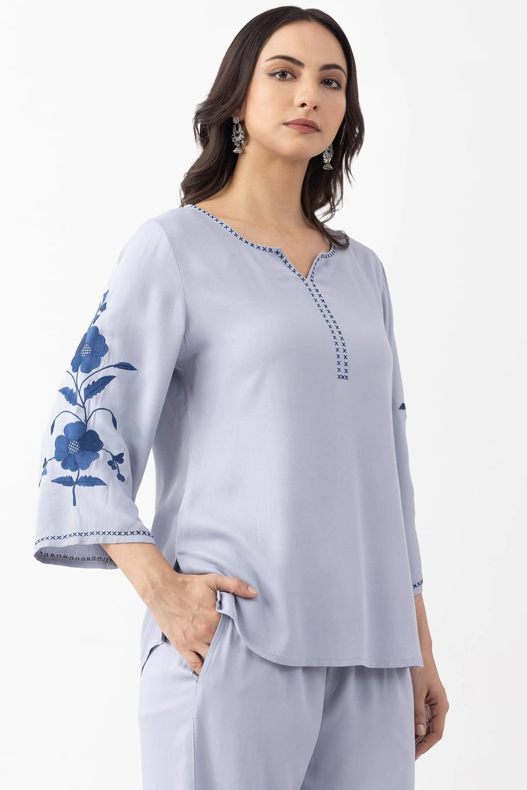 embroidered co ord set sky blue Tencel twill round neck 3/4 sleeves