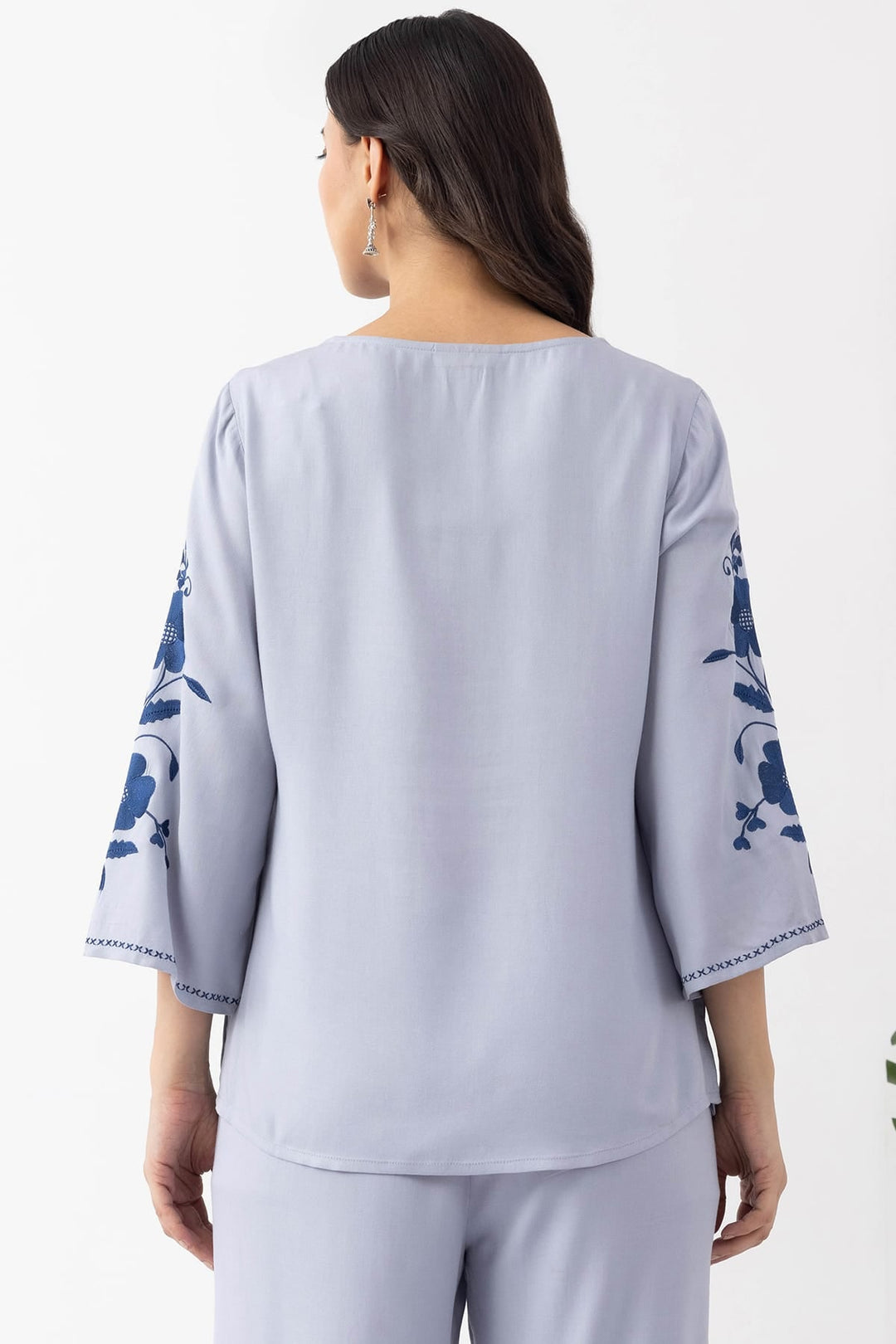 embroidered co ord set sky blue Tencel twill round neck 3/4 sleeves