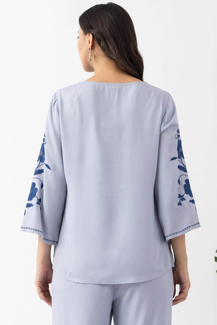 embroidered co ord set sky blue Tencel twill round neck 3/4 sleeves
