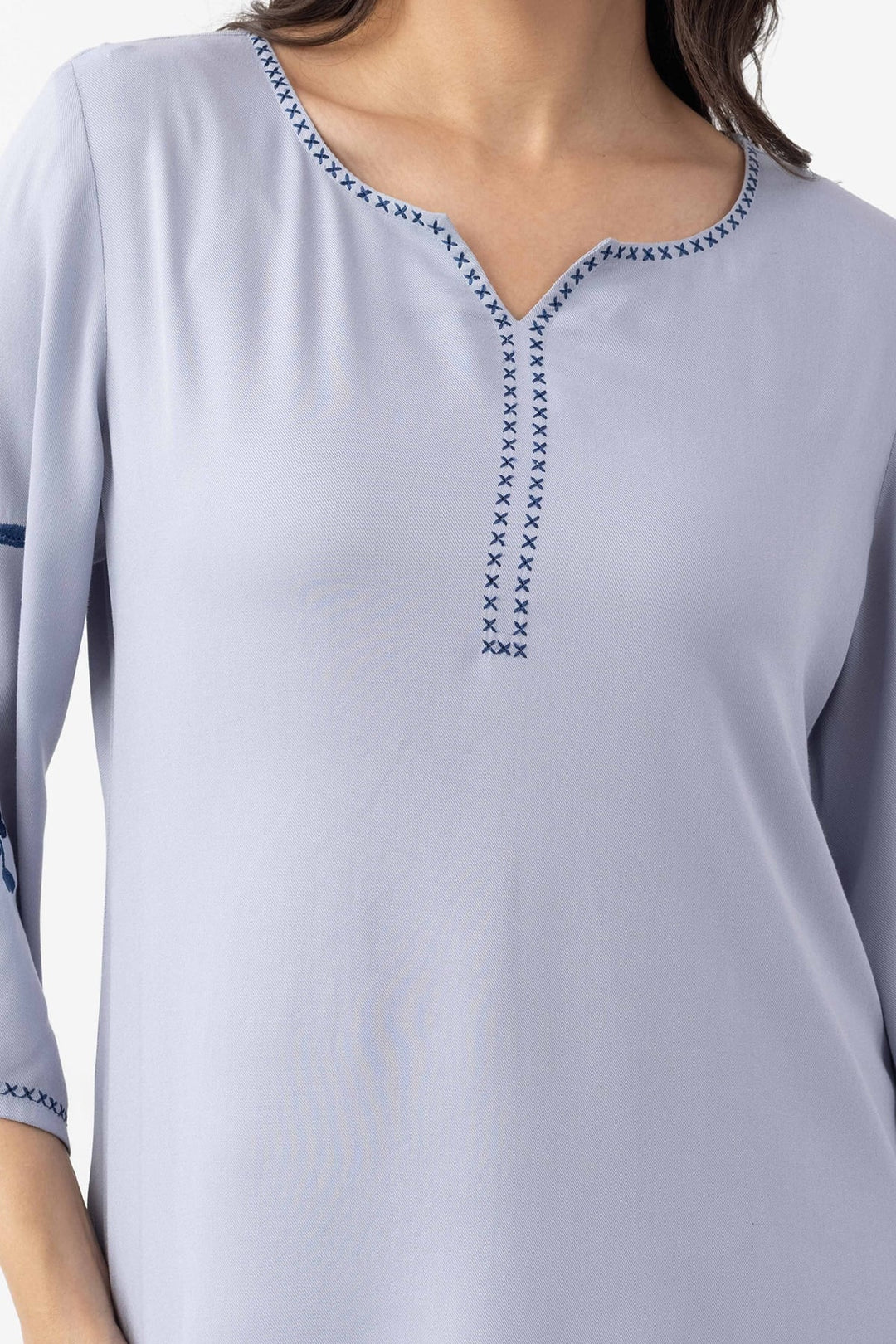 embroidered co ord set sky blue Tencel twill round neck 3/4 sleeves