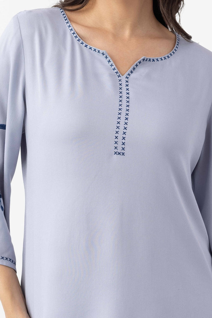 embroidered co ord set sky blue Tencel twill round neck 3/4 sleeves