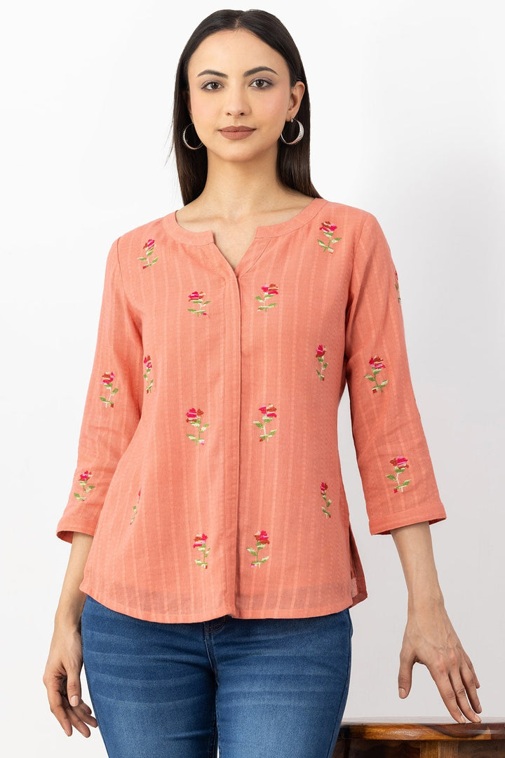 Peach Embroidered Cotton Dobby Shirt with Round Neck &amp; 3/4 Sleeves