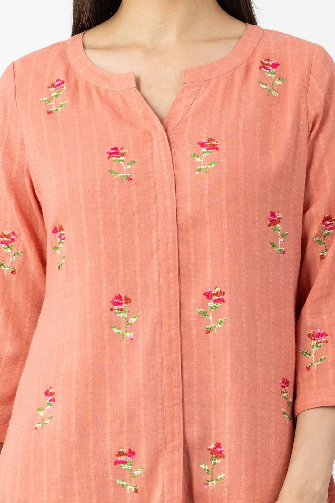 Peach Embroidered Cotton Dobby Shirt with Round Neck &amp; 3/4 Sleeves