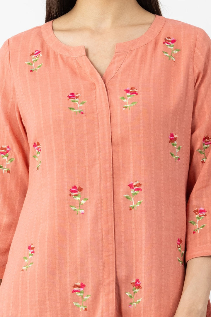 Peach Embroidered Cotton Dobby Shirt with Round Neck &amp; 3/4 Sleeves