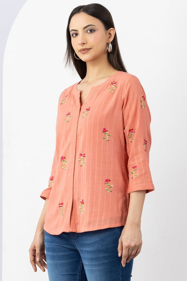 Peach Embroidered Cotton Dobby Shirt with Round Neck &amp; 3/4 Sleeves