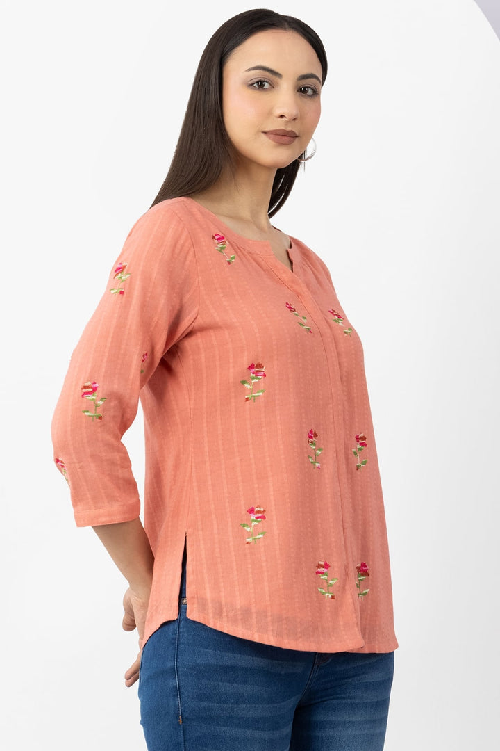 Peach Embroidered Cotton Dobby Shirt with Round Neck &amp; 3/4 Sleeves