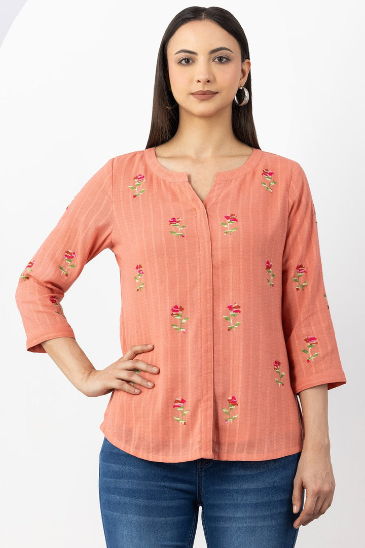 Peach Embroidered Cotton Dobby Shirt with Round Neck &amp; 3/4 Sleeves