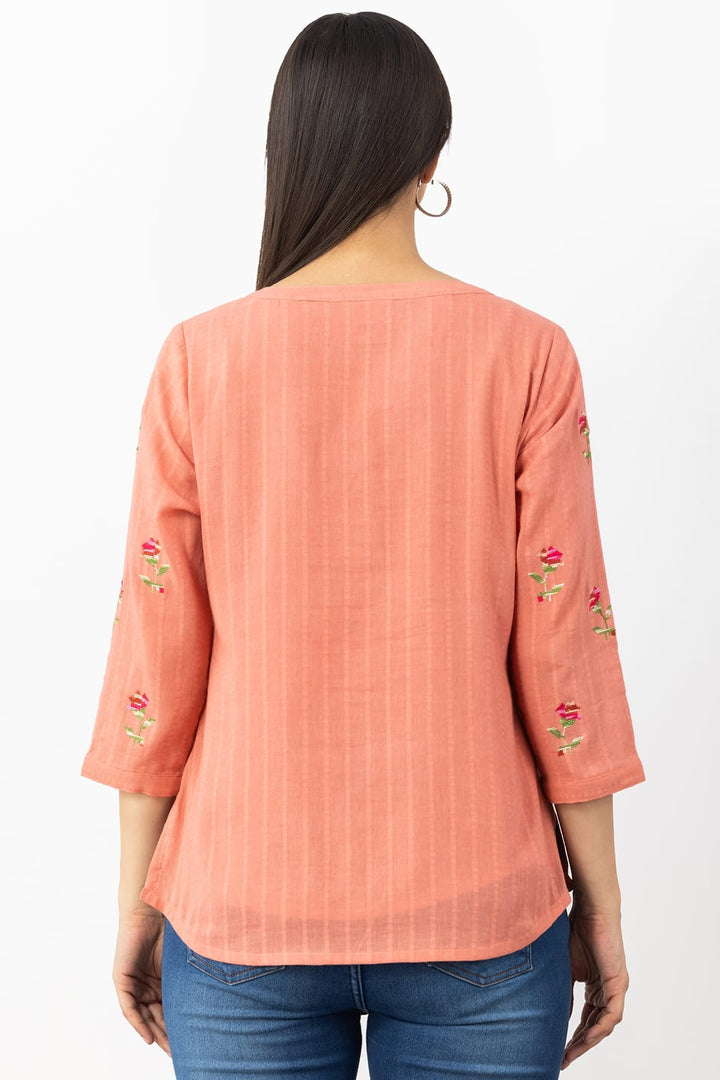 Peach Embroidered Cotton Dobby Shirt with Round Neck &amp; 3/4 Sleeves