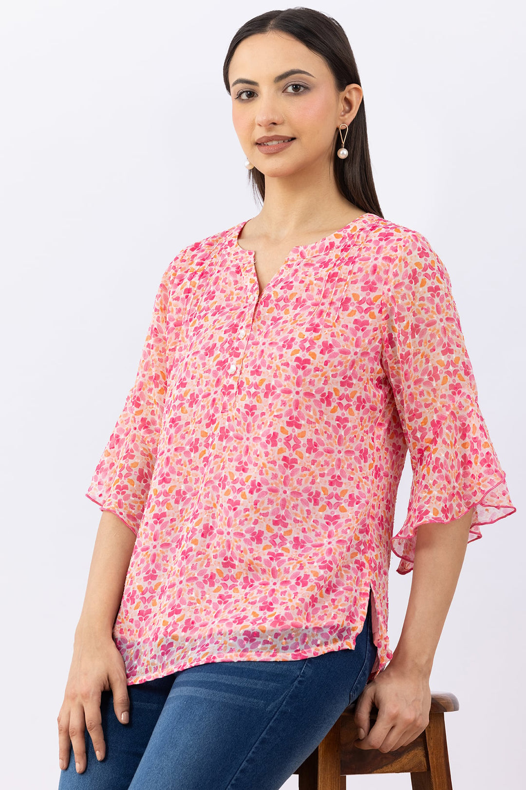 Pink Printed Chiffon Buta Top with Round Neck &amp; Flared Sleeves