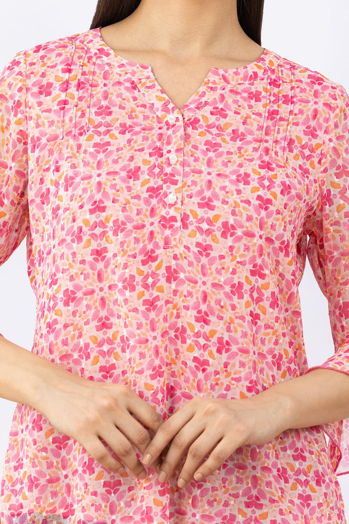 Pink Printed Chiffon Buta Top with Round Neck &amp; Flared Sleeves