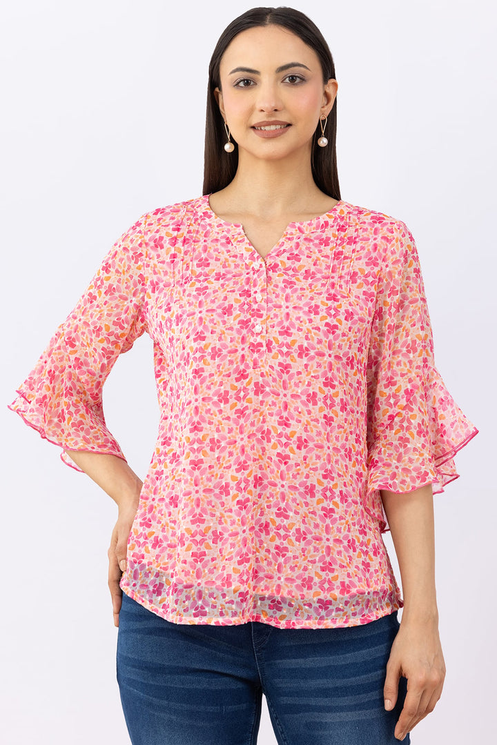Pink Printed Chiffon Buta Top with Round Neck &amp; Flared Sleeves