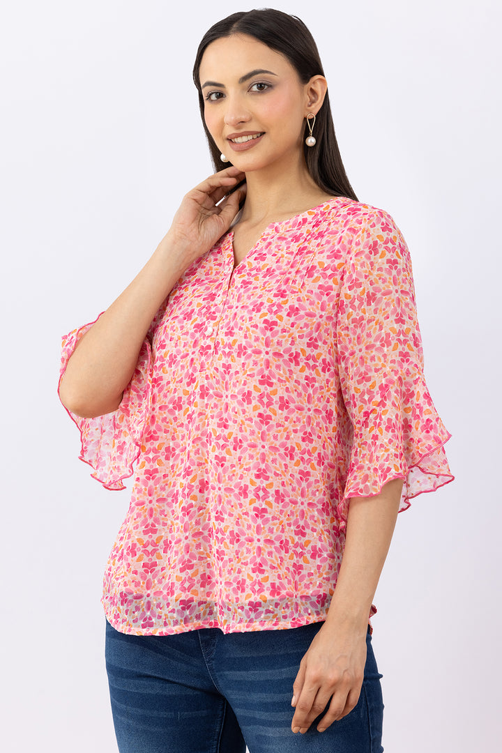 Pink Printed Chiffon Buta Top with Round Neck &amp; Flared Sleeves