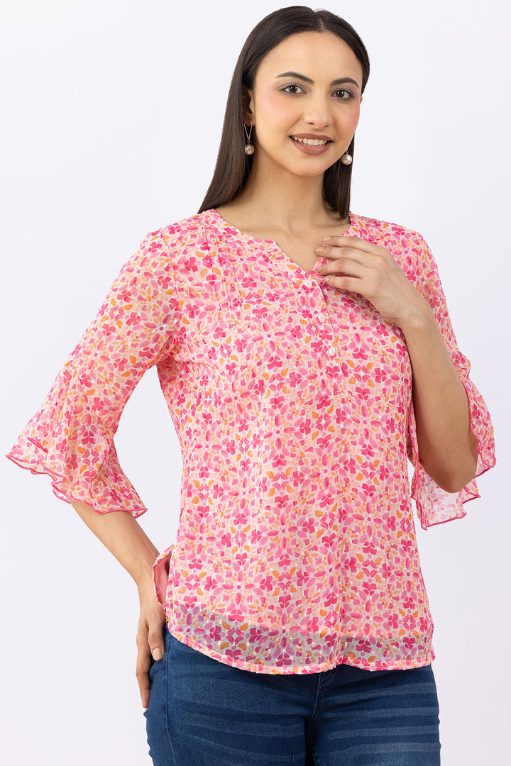 Pink Printed Chiffon Buta Top with Round Neck &amp; Flared Sleeves