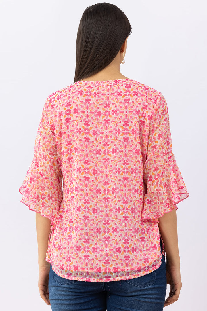 Pink Printed Chiffon Buta Top with Round Neck &amp; Flared Sleeves
