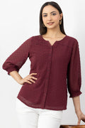 Maroon Marble Chiffon Shirt with Round Neck & 3/4 Sleeves