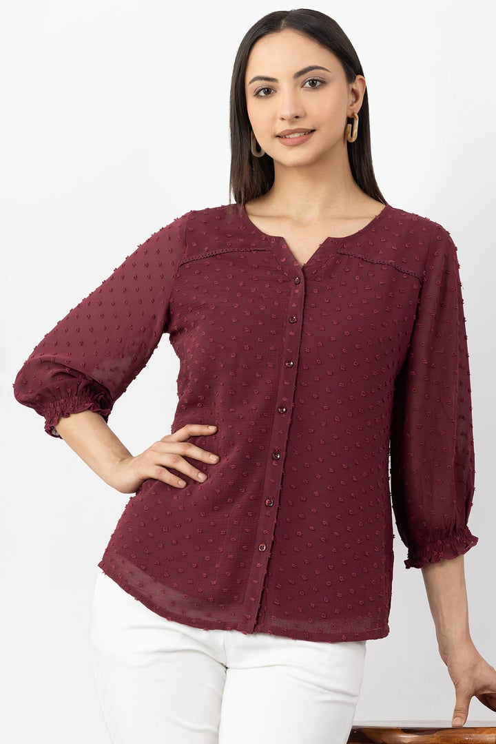Maroon Marble Chiffon Shirt with Round Neck &amp; 3/4 Sleeves
