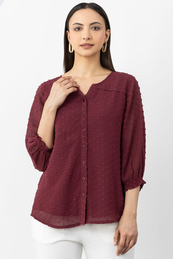 Maroon Marble Chiffon Shirt with Round Neck &amp; 3/4 Sleeves