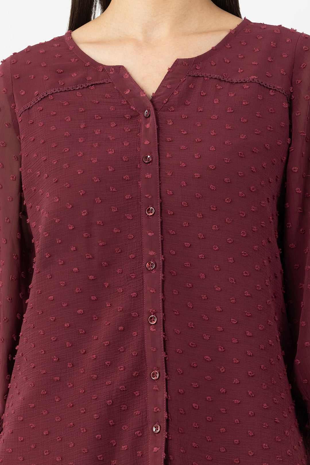 Maroon Marble Chiffon Shirt with Round Neck &amp; 3/4 Sleeves