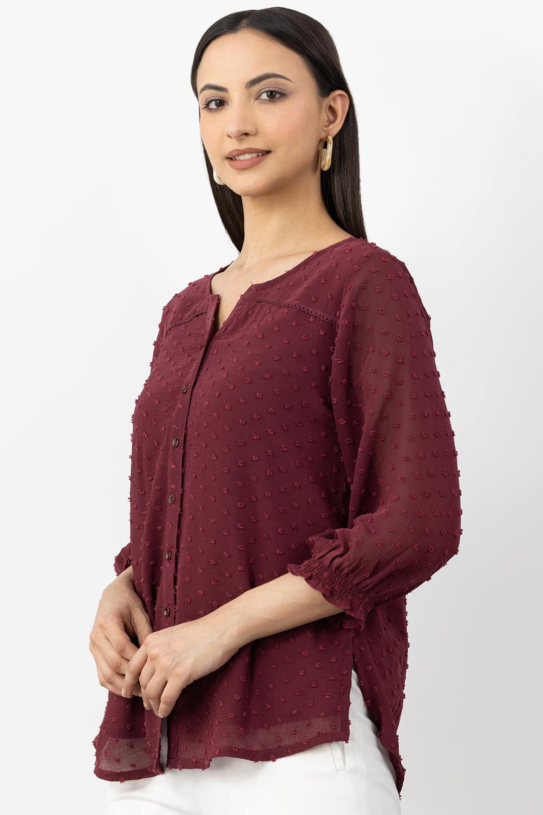 Maroon Marble Chiffon Shirt with Round Neck &amp; 3/4 Sleeves