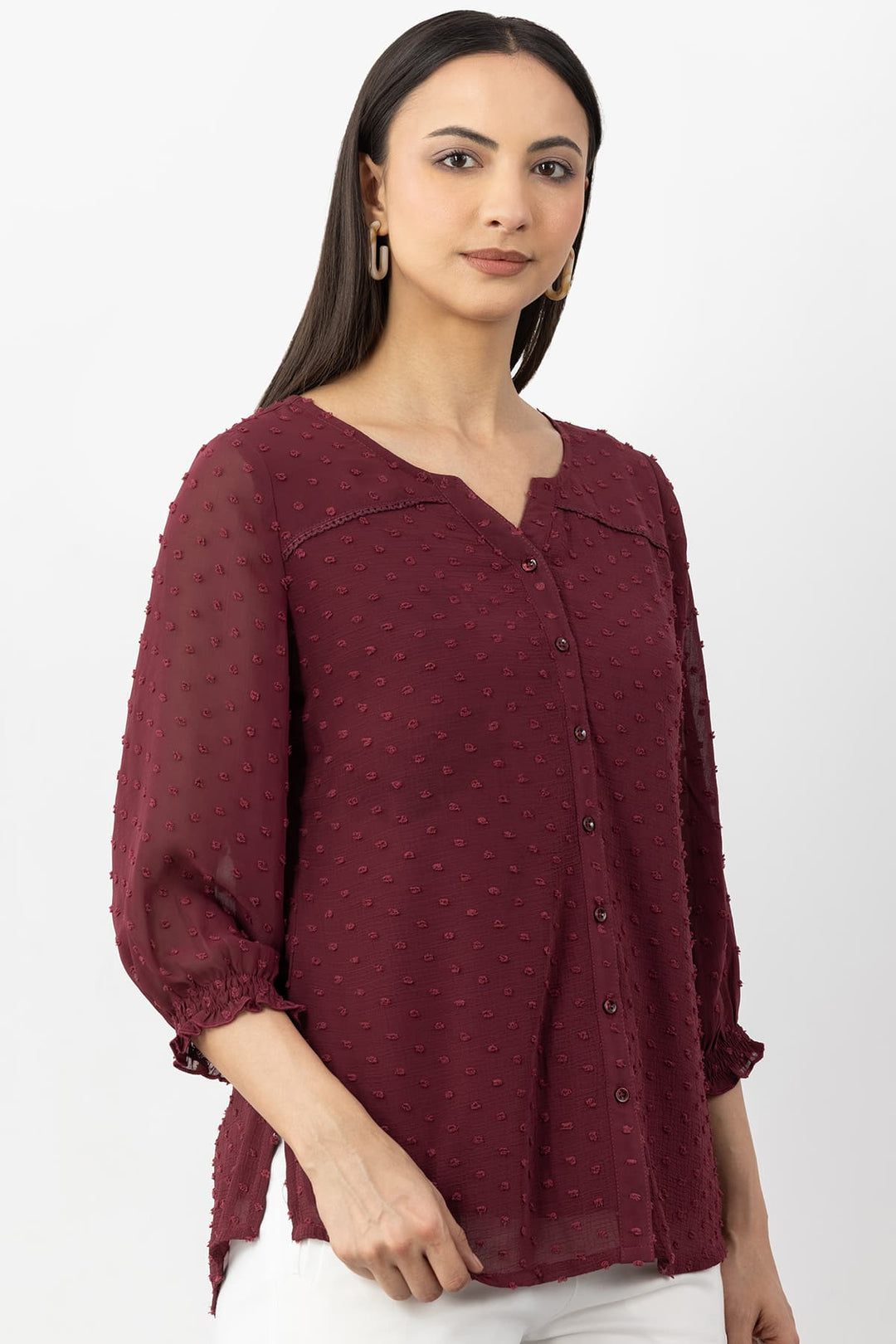 Maroon Marble Chiffon Shirt with Round Neck &amp; 3/4 Sleeves