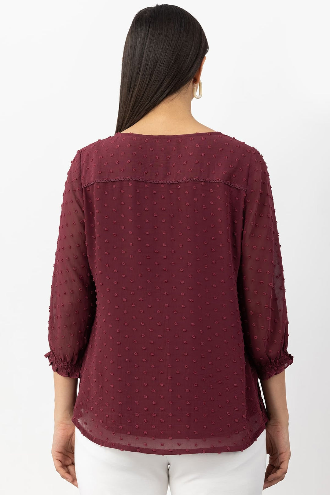 Maroon Marble Chiffon Shirt with Round Neck &amp; 3/4 Sleeves