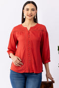 Coral Viscose Solid Shirt with Round Neck & 3/4 Sleeves
