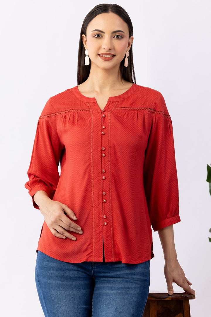 Coral Viscose Solid Shirt with Round Neck &amp; 3/4 Sleeves