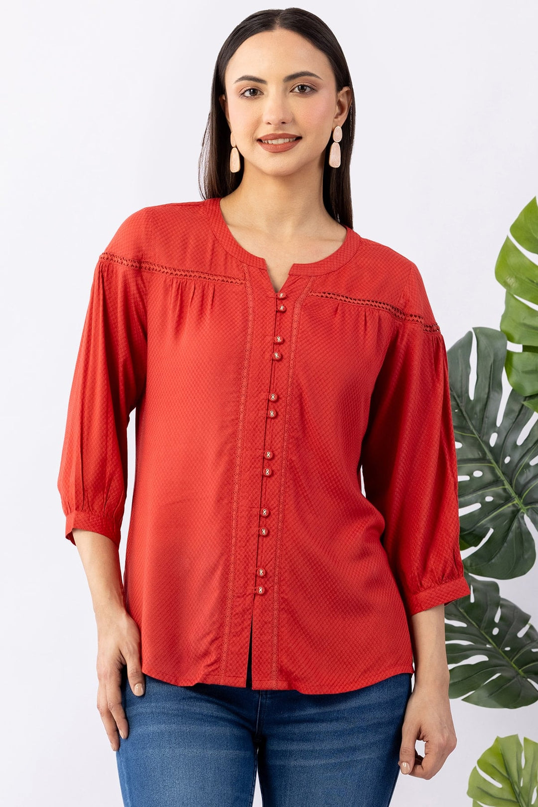 Coral Viscose Solid Shirt with Round Neck &amp; 3/4 Sleeves