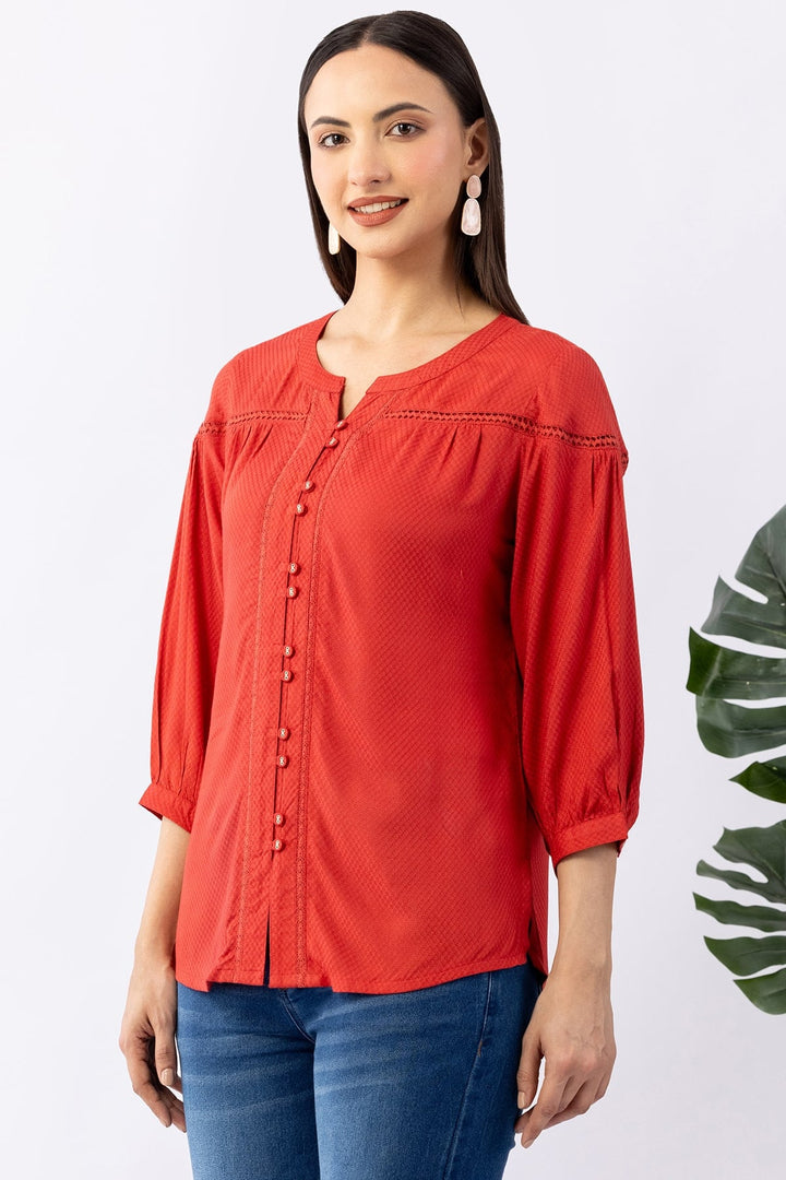 Coral Viscose Solid Shirt with Round Neck &amp; 3/4 Sleeves