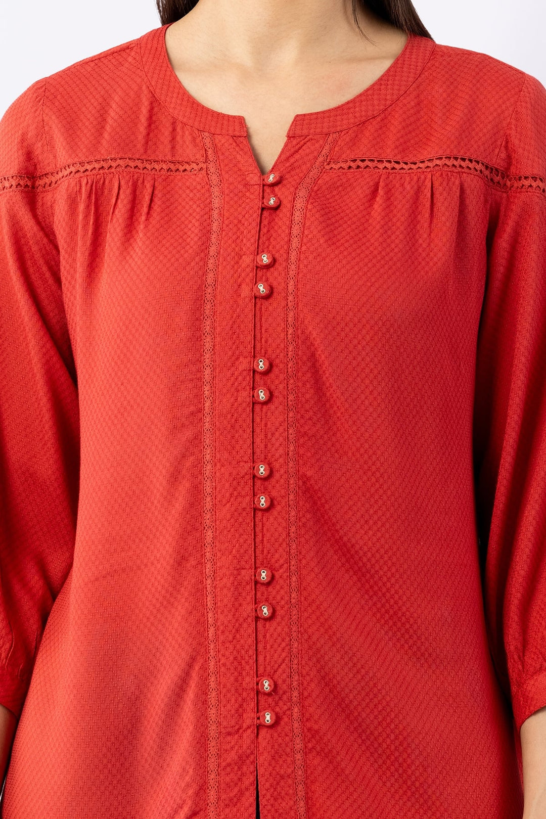 Coral Viscose Solid Shirt with Round Neck &amp; 3/4 Sleeves