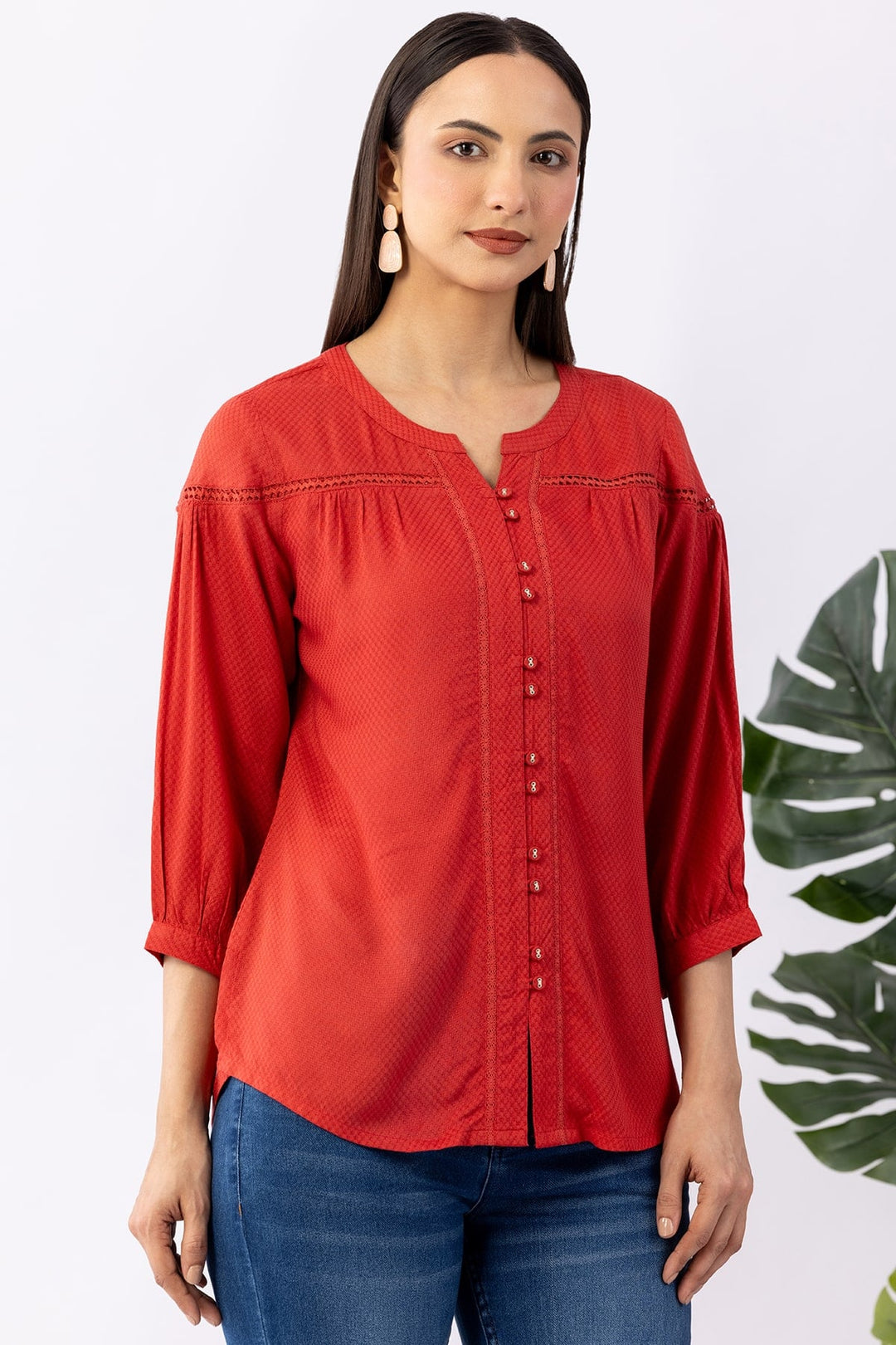 Coral Viscose Solid Shirt with Round Neck &amp; 3/4 Sleeves