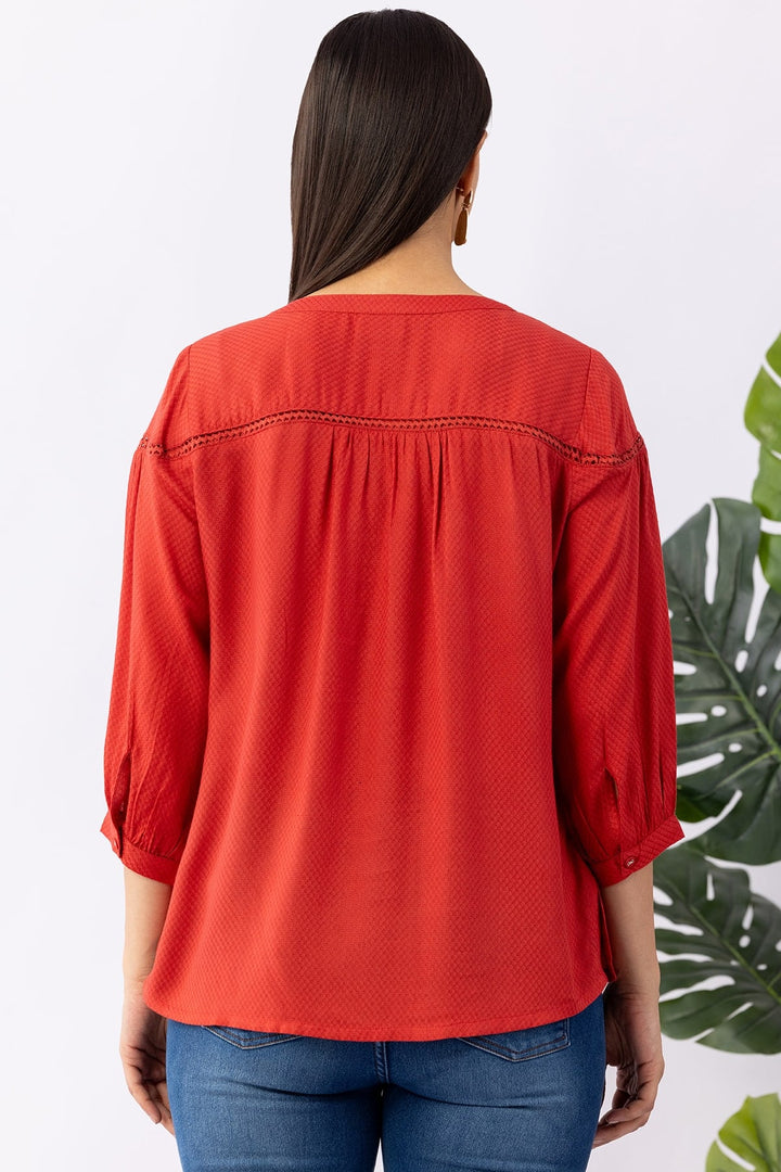Coral Viscose Solid Shirt with Round Neck &amp; 3/4 Sleeves