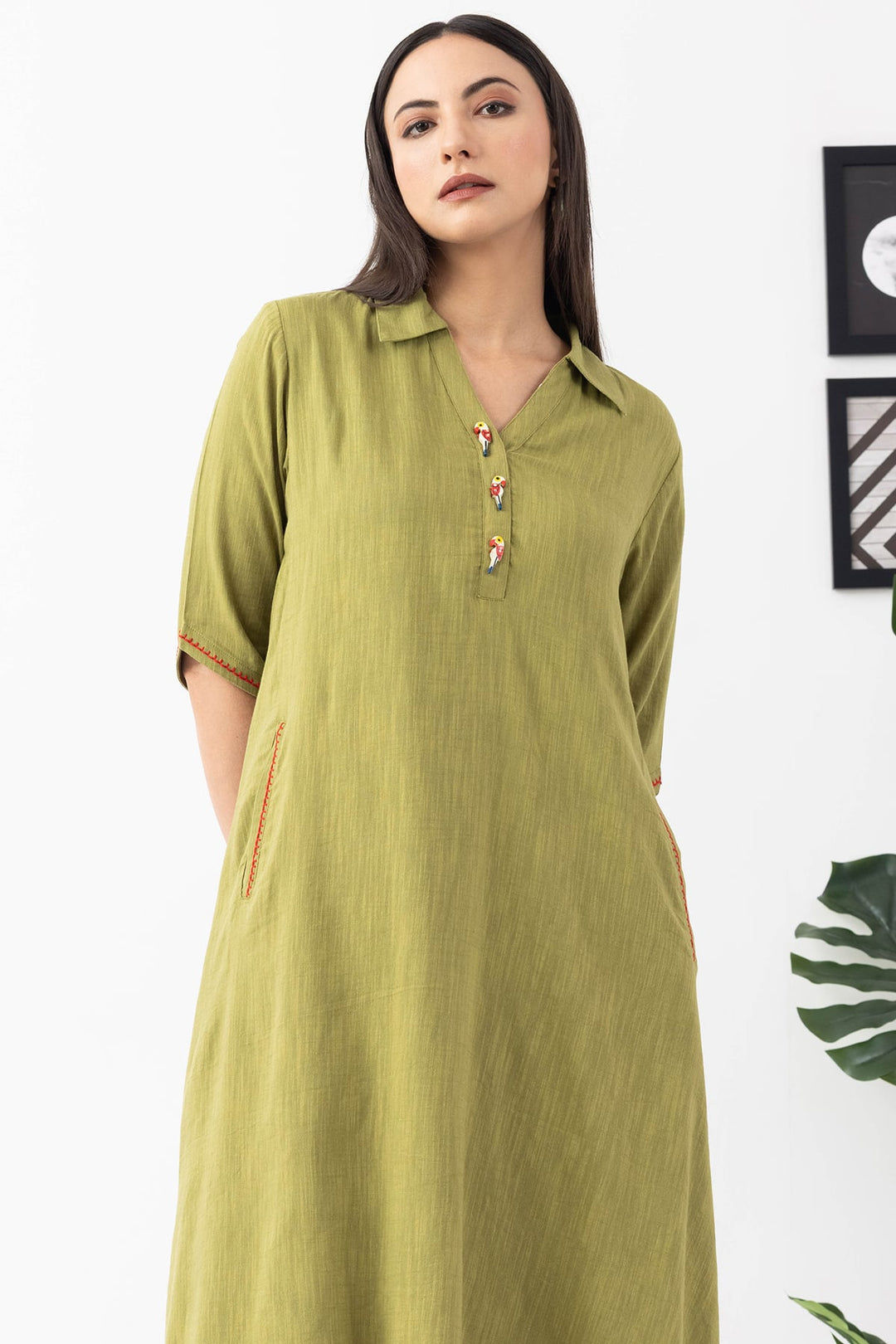 Lime Green Viscose Cotton Slub Collared Dress with Half Sleeves