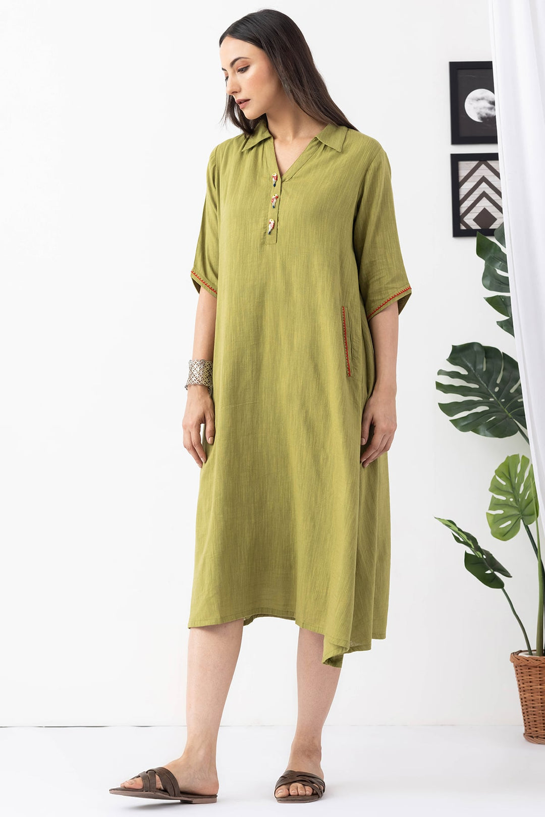 Lime Green Viscose Cotton Slub Collared Dress with Half Sleeves