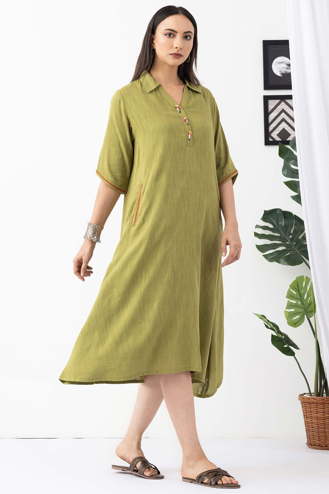 Lime Green Viscose Cotton Slub Collared Dress with Half Sleeves