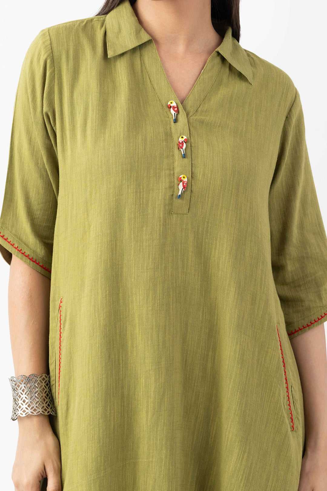Lime Green Viscose Cotton Slub Collared Dress with Half Sleeves