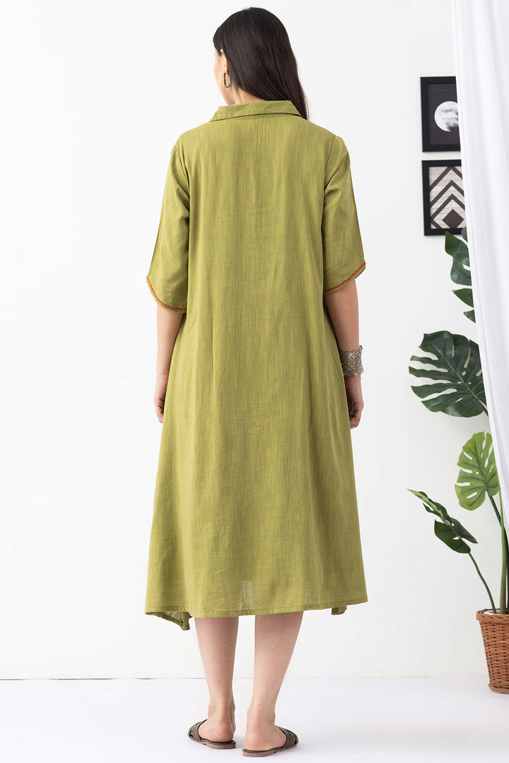 Lime Green Viscose Cotton Slub Collared Dress with Half Sleeves